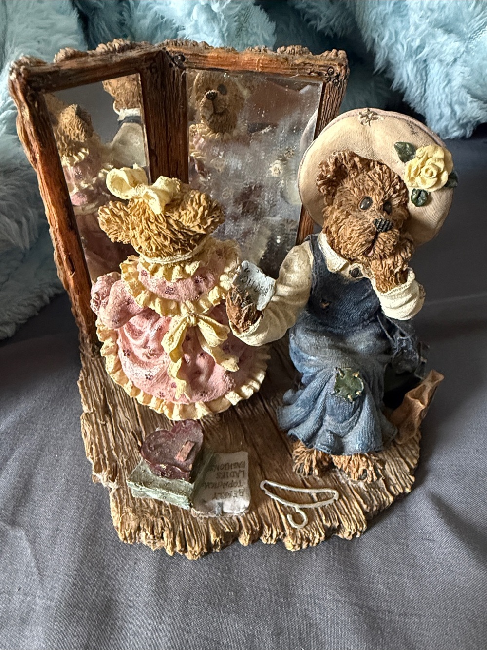 Hand-Painted Bear Figurine Sculpture in Blue and Pink Accents